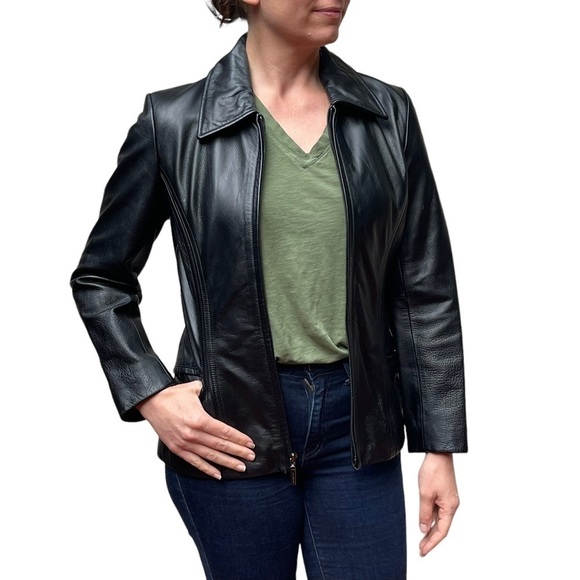 Vintage Jackets & Blazers - COLEBROOK & COMPANY 90S BLACK LEATHER XS PETITE ZIP UP JACKET